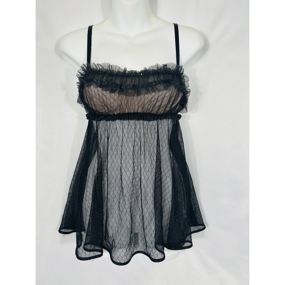 Victoria's Secret Y2K Sheer Mesh Babydoll Top Size 34C Black Goth Coquette Fairy